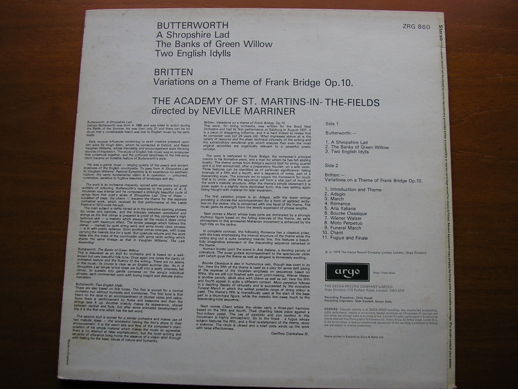 BRITTEN: VARIATIONS / BUTTERWORTH: A SHROPSHIRE LAD   NEVILLE MARRINER / ASMIF    ZRG 860