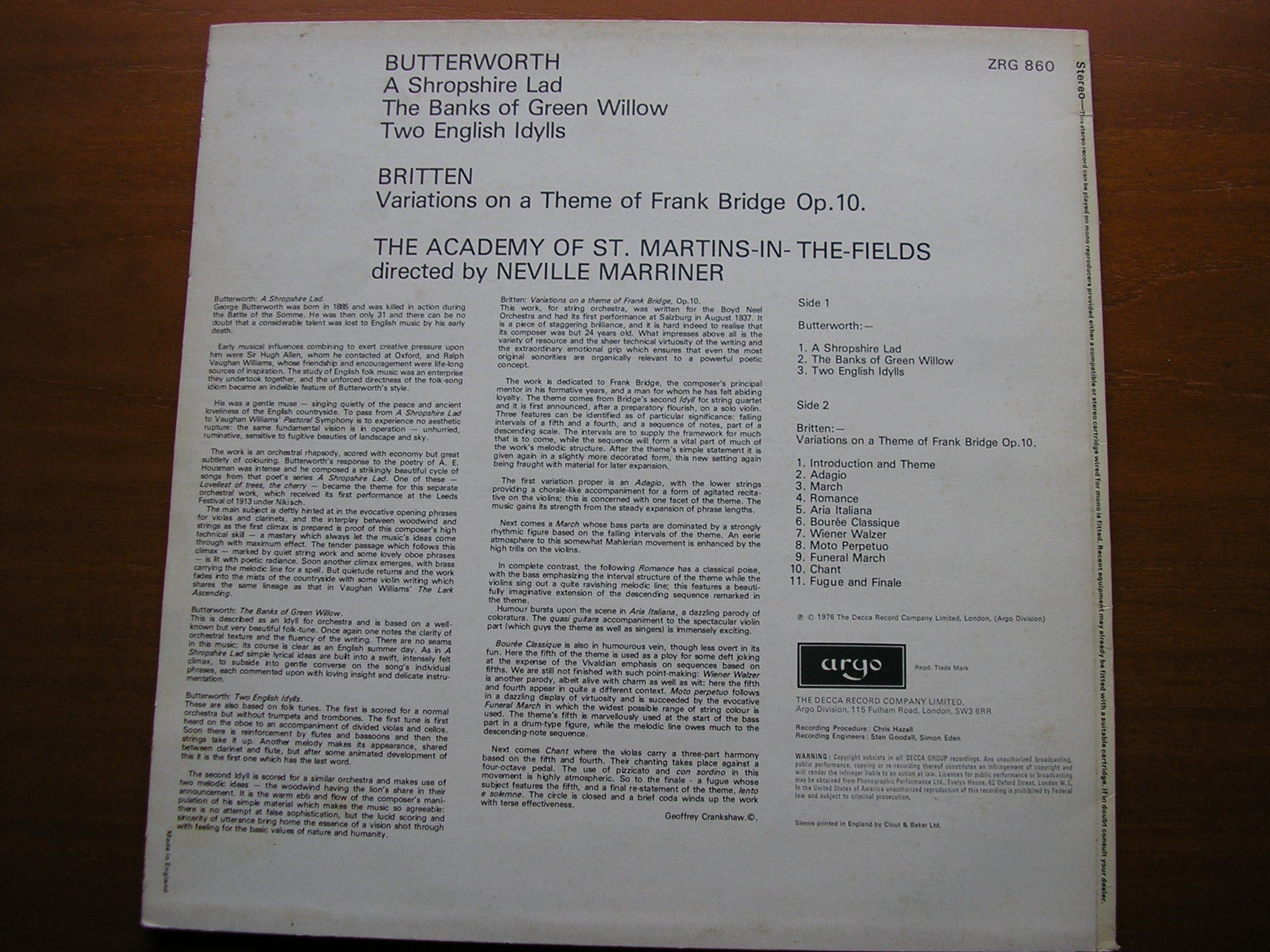 BRITTEN: VARIATIONS / BUTTERWORTH: A SHROPSHIRE LAD   NEVILLE MARRINER / ASMIF    ZRG 860
