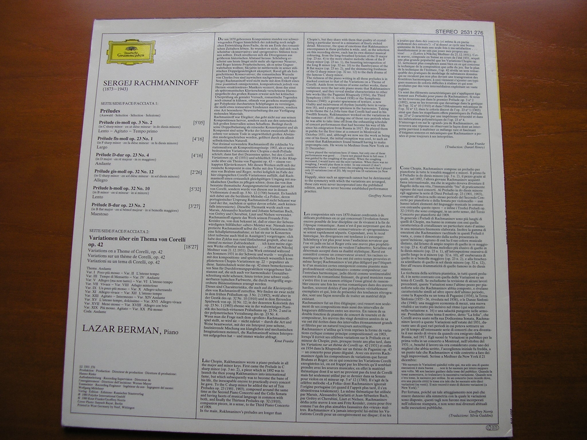 RACHMANINOV: CORELLI VARIATIONS / SIX PRELUDES     LAZAR BERMAN    2531 276