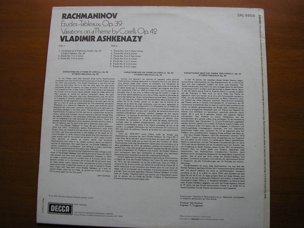 SXL 6604 RACHMANINOV: CORELLI VARIATIONS / ETUDES-TABLEAUX Op. 39 VLADIMIR ASHKENAZY