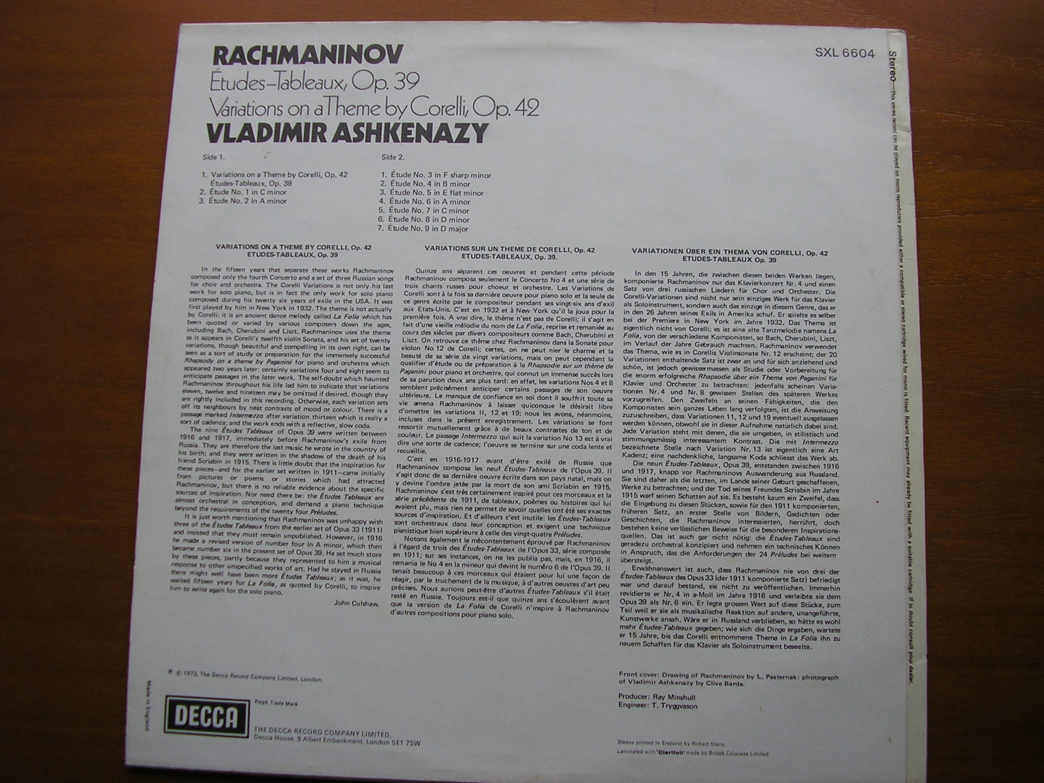 SXL 6604 RACHMANINOV: CORELLI VARIATIONS / ETUDES-TABLEAUX Op. 39 VLADIMIR ASHKENAZY