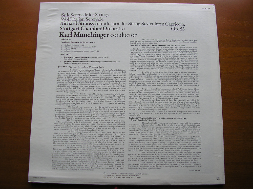 SUK: SERENADE / WOLF: ITALIAN SERENADE / STRAUSS: SEXTET from CAPRICCIO     MUNCHINGER / STUTTGART CHAMBER ORCHESTRA    CS 6737