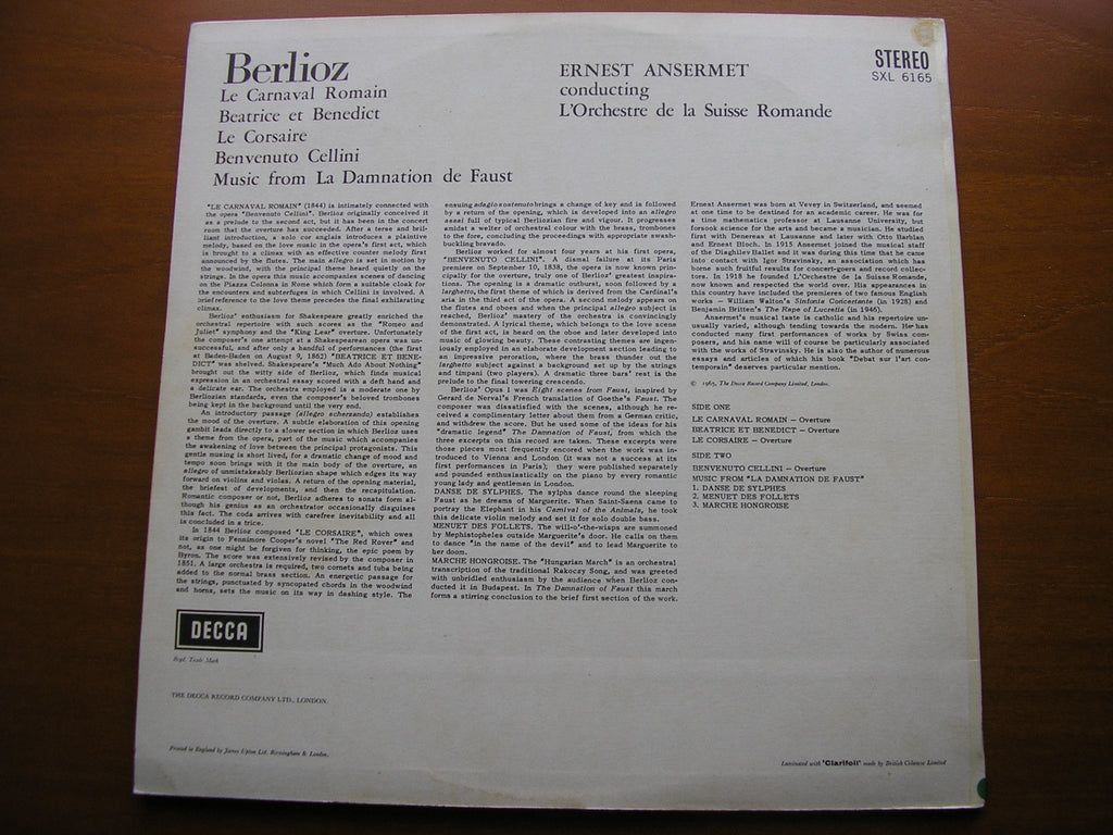 SXL 6165 ANSERMET CONDUCTS BERLIOZ: FOUR OVERTURES / LA DAMNATION DE FAUST excerpts ANSERMET / SUISSE ROMANDE