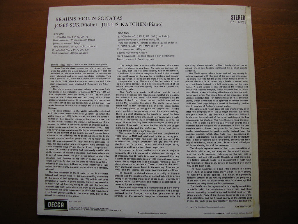 SXL 6321 BRAHMS: VIOLIN SONATAS Opp. 78 / 100 / 108 JOSEF SUK / JULIUS KATCHEN