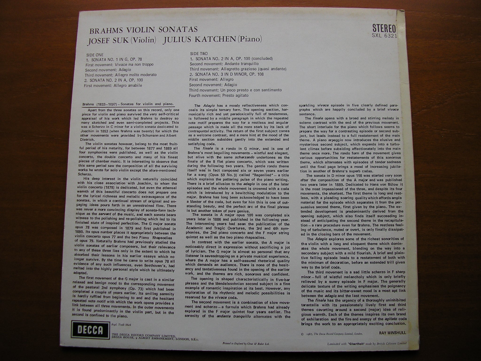 SXL 6321 BRAHMS: VIOLIN SONATAS Opp. 78 / 100 / 108 JOSEF SUK / JULIUS KATCHEN
