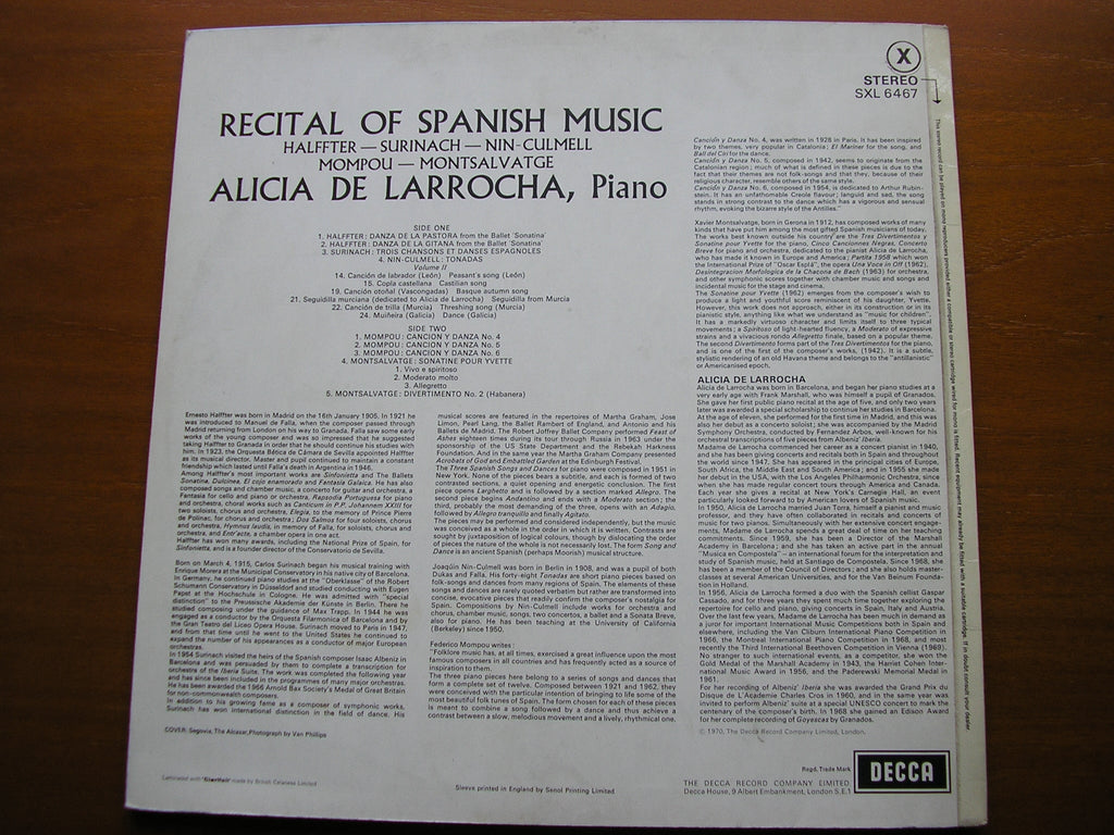 SXL 6467 ALICIA DE LARROCHA PLAYS SPANISH PIANO MUSIC