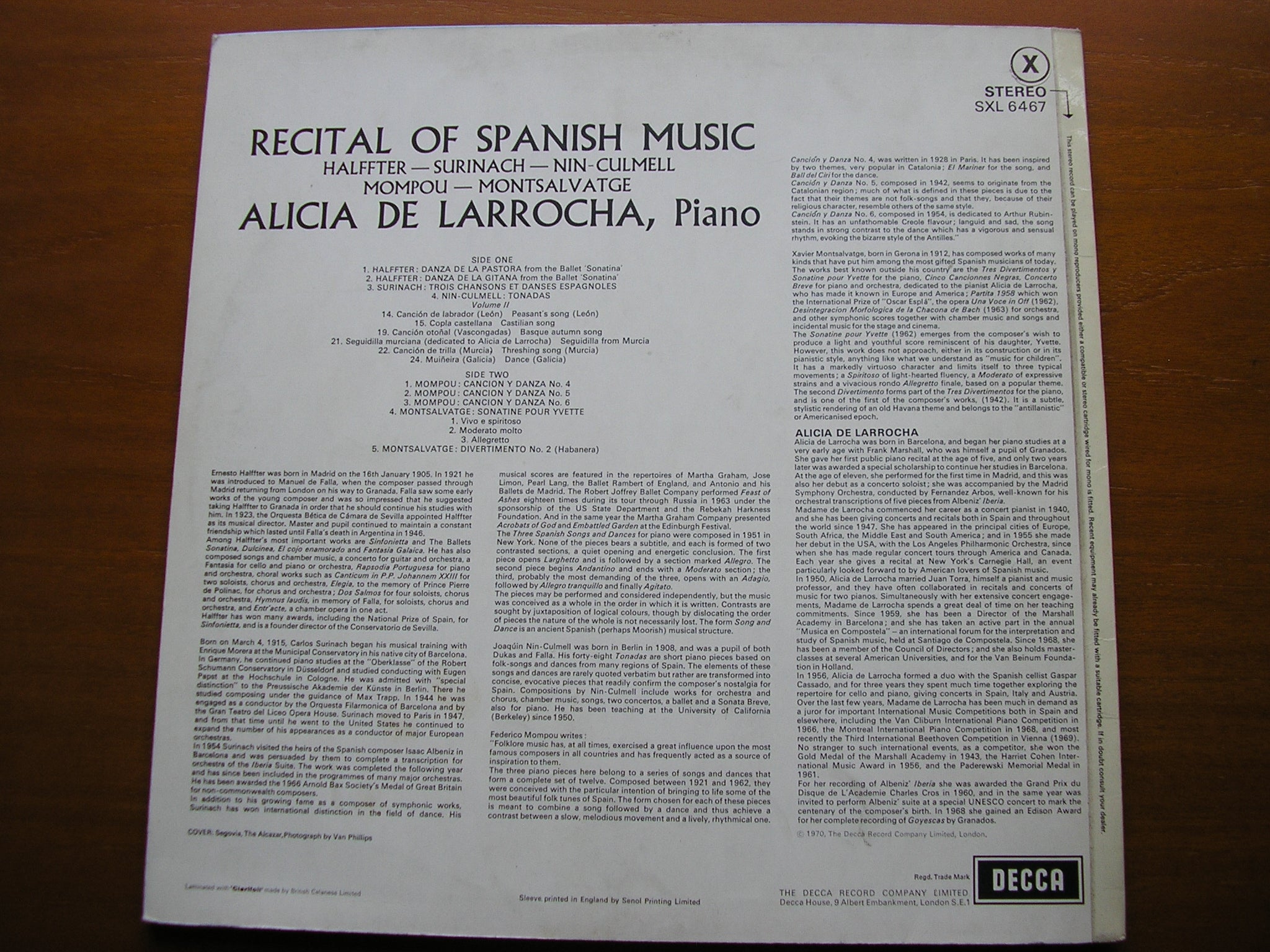 SXL 6467 ALICIA DE LARROCHA PLAYS SPANISH PIANO MUSIC