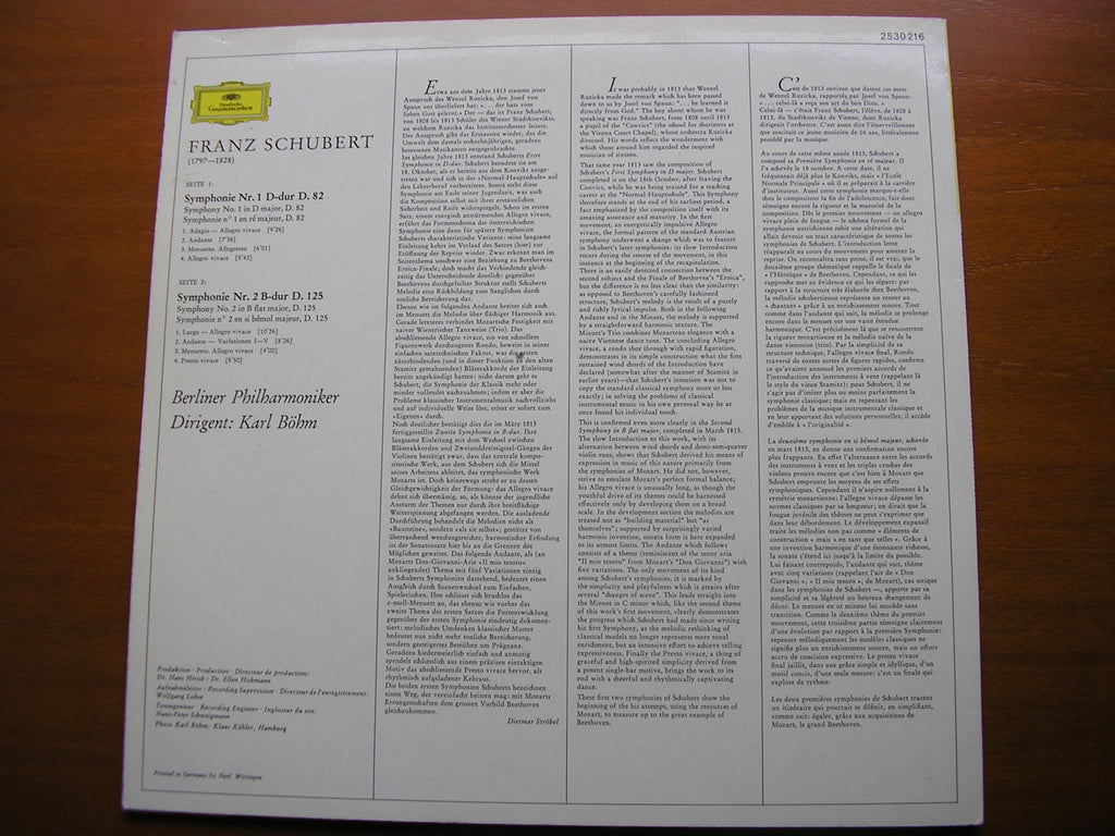 SCHUBERT: SYMPHONIES Nos. 1 & 2    BOHM / BERLIN PHILHARMONIC    2530 216