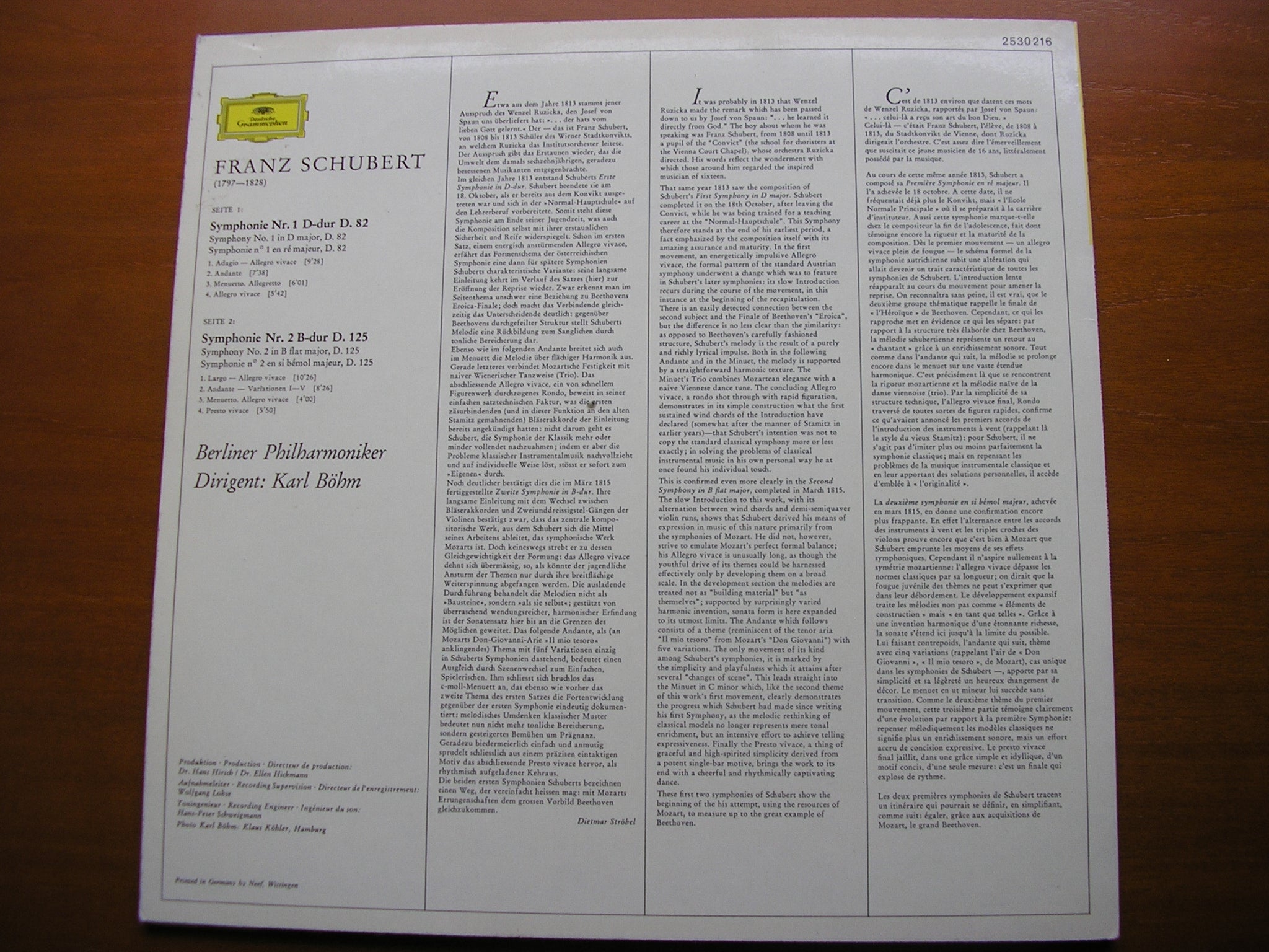 SCHUBERT: SYMPHONIES Nos. 1 & 2    BOHM / BERLIN PHILHARMONIC    2530 216