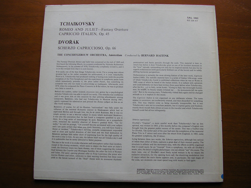 TCHAIKOVSKY: CAPRICCIO ITALIEN / ROMEO & JULIET / DVORAK: SCHERZO    HAITINK / CONCERTGEBOUW    SAL 3462