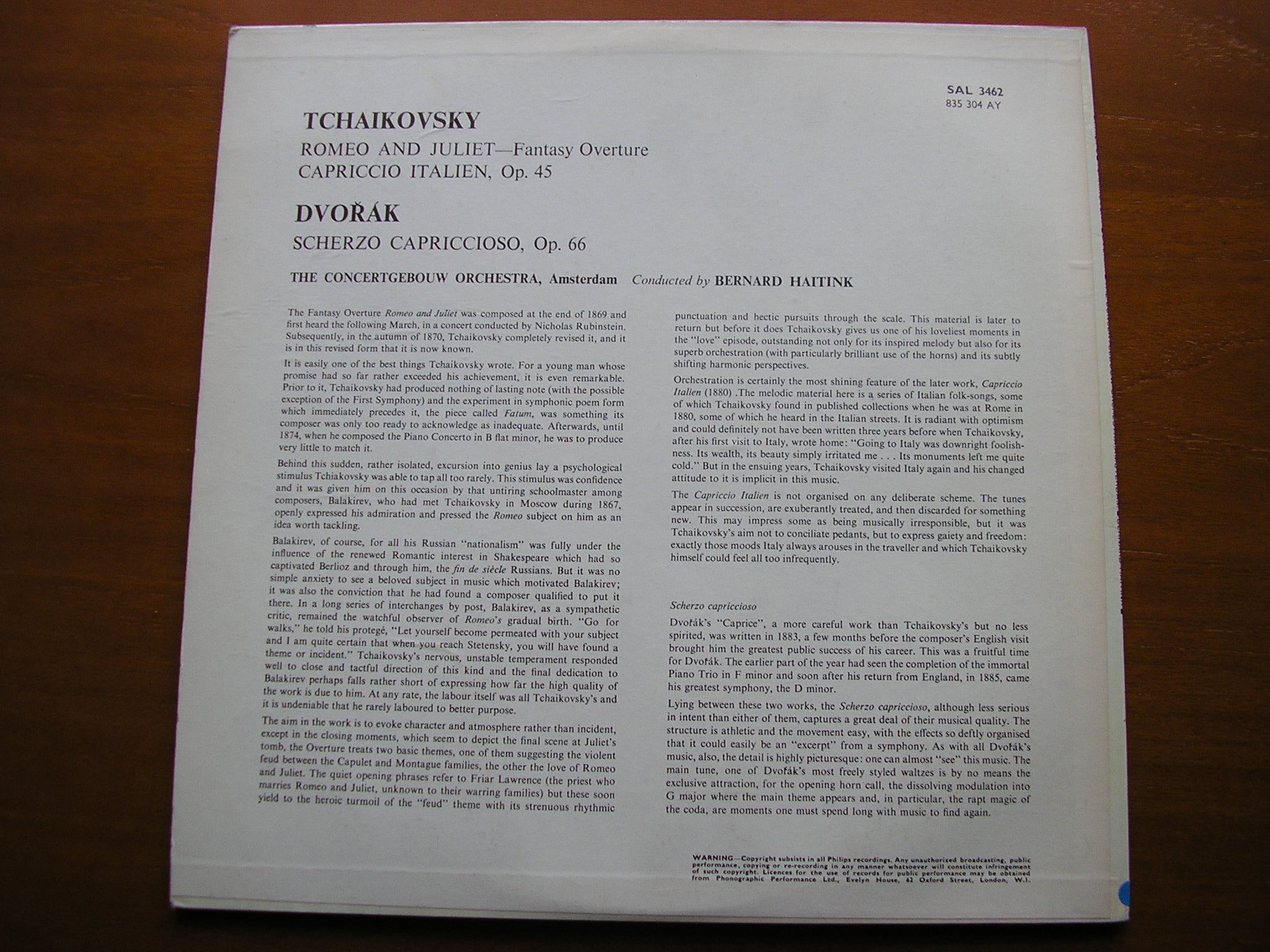 TCHAIKOVSKY: CAPRICCIO ITALIEN / ROMEO & JULIET / DVORAK: SCHERZO    HAITINK / CONCERTGEBOUW    SAL 3462