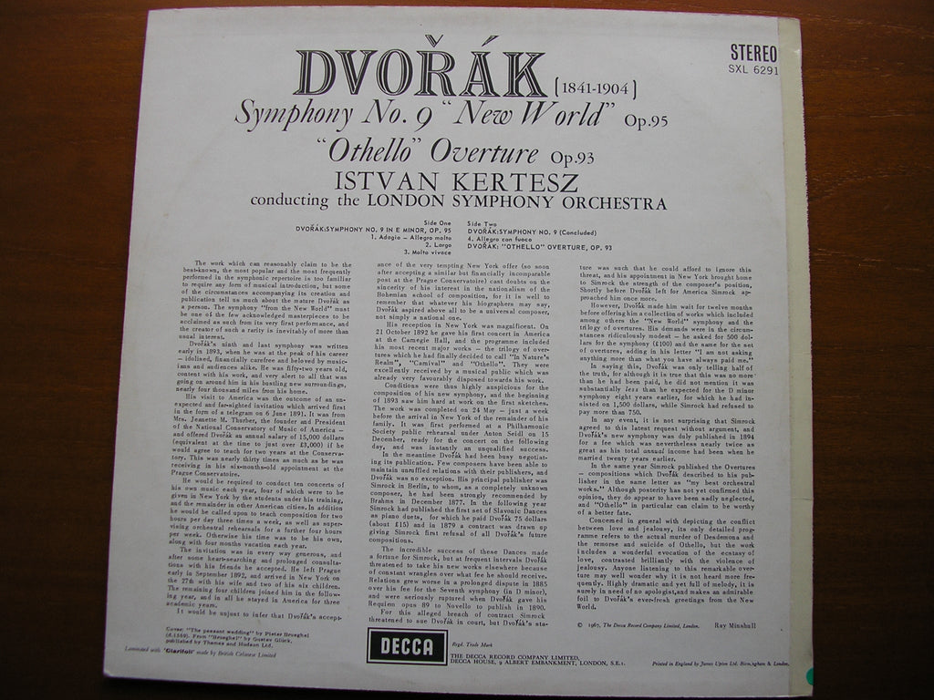 SXL 6291 DVORAK: SYMPHONY No. 9 / OVERTURE Othello ISTVAN KERTESZ / LONDON SYMPHONY