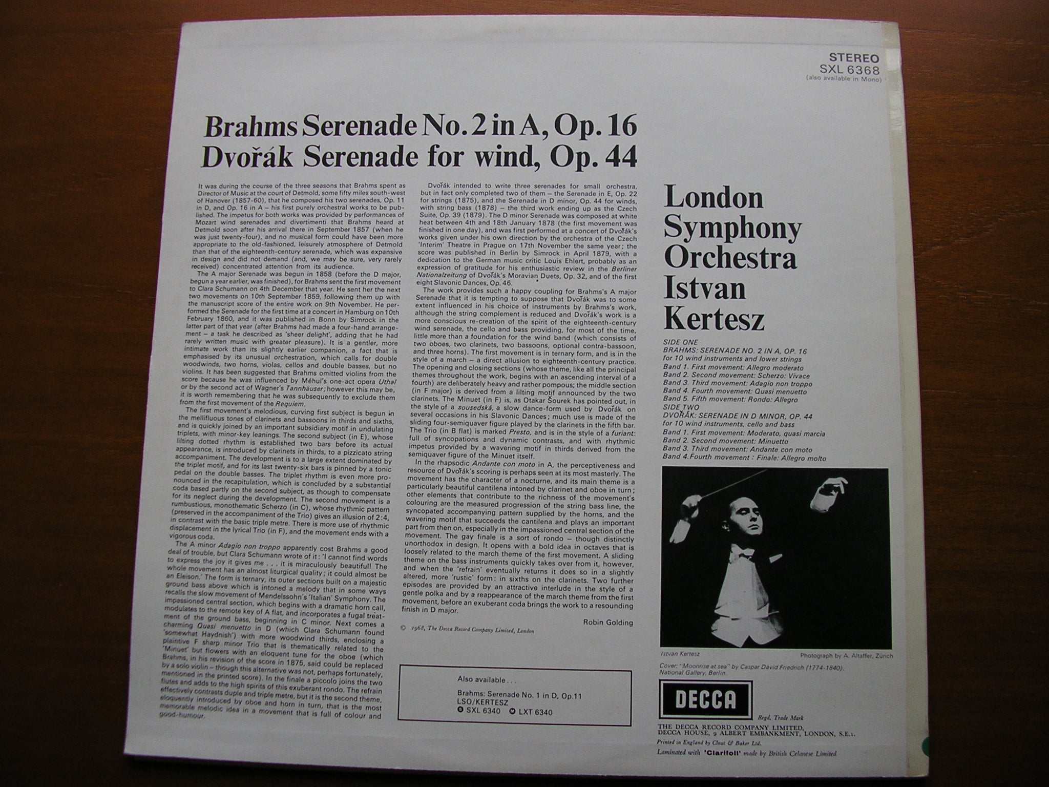 SXL 6368 BRAHMS: SERENADE No. 2 / DVORAK: SERENADE FOR WIND Op. 44 KERTESZ / LONDON SYMPHONY