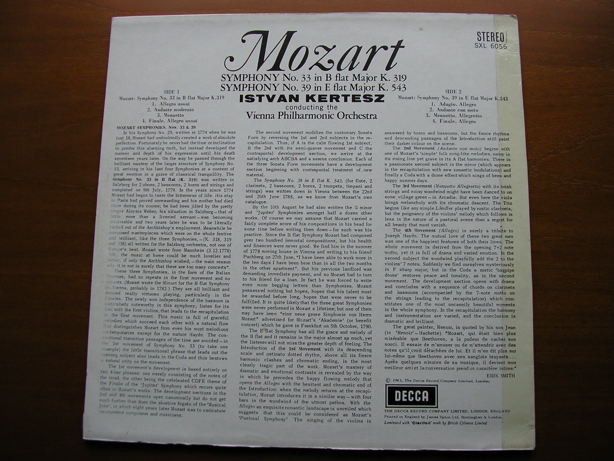 SXL 6056 MOZART: SYMPHONIES Nos. 33 & 39 KERTESZ / VIENNA PHILHARMONIC ORCHESTRA
