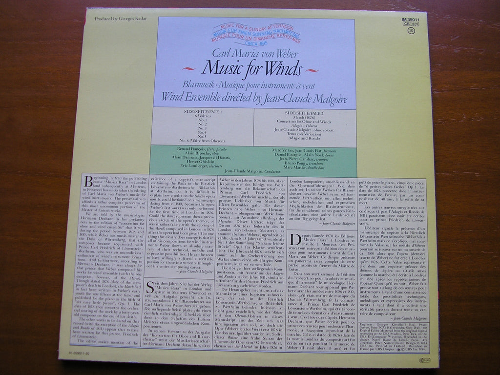 WEBER: MUSIC FOR WINDS    WIND ENSEMBLE / MALGOIRE    IM 39011
