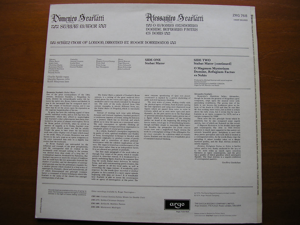 DOMENICO SCARLATTI: STABAT MATER / ALESSANDRO SCARLATTI: TWO MOTETS   SCHUTZ CHOIR OF LONDON / NORRINGTON    ZRG 768