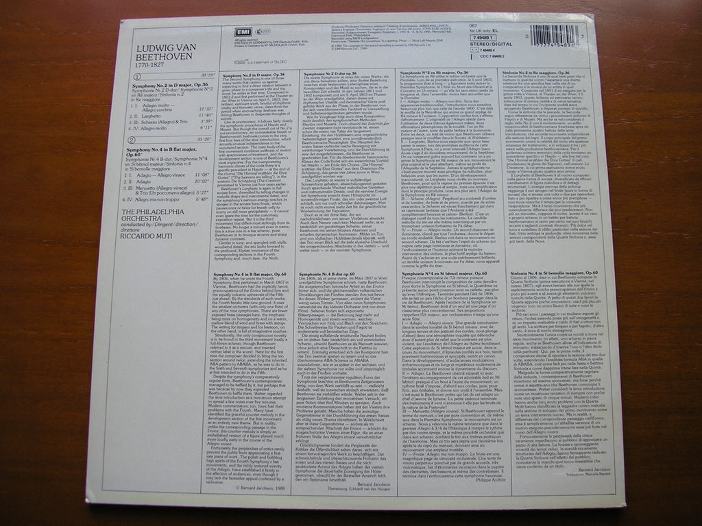 BEETHOVEN: SYMPHONIES Nos. 2 & 4   MUTI / PHILADELPHIA ORCHESTRA    7 49489