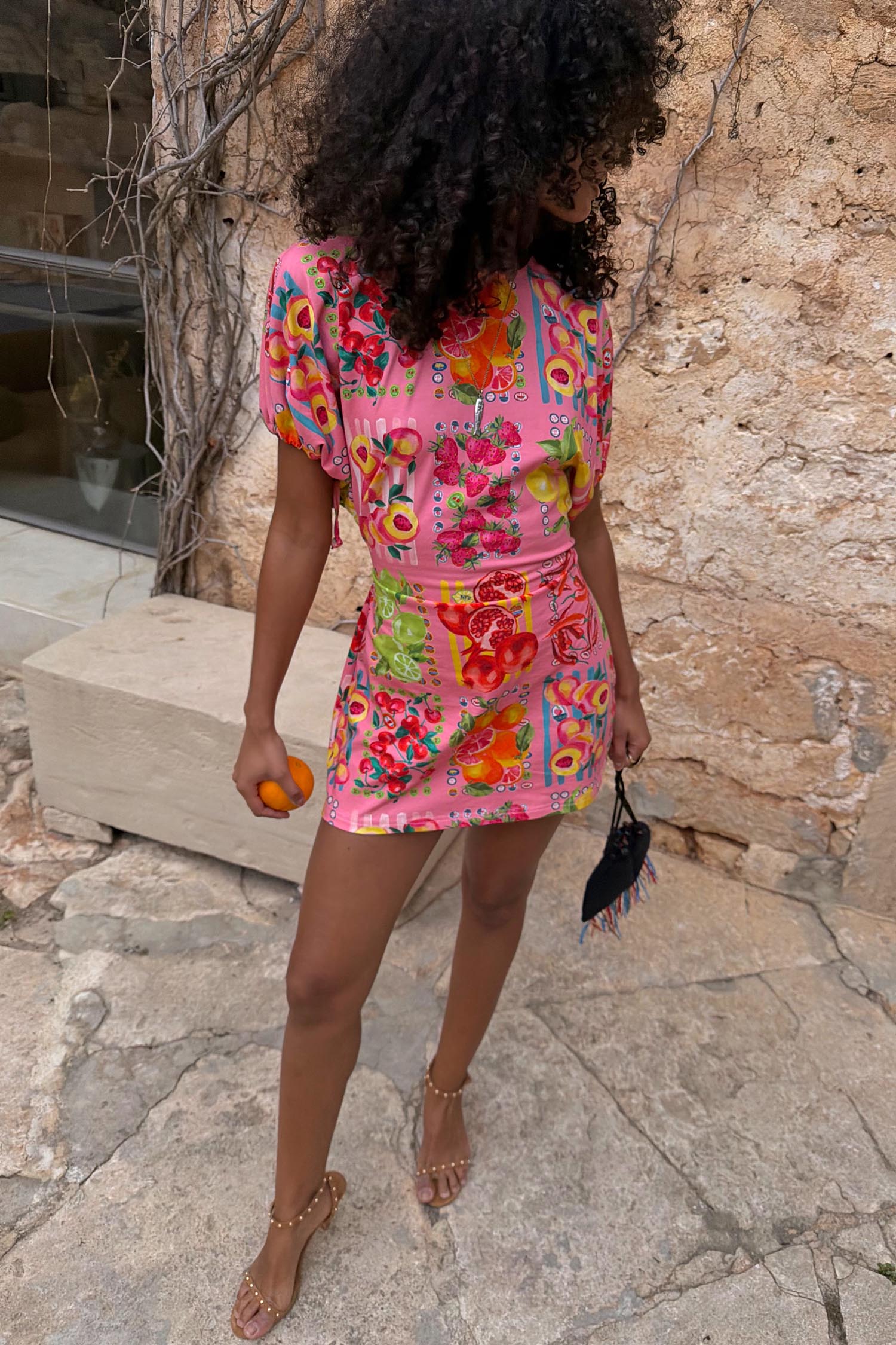 Pink Fruit Stamps Mini Dress