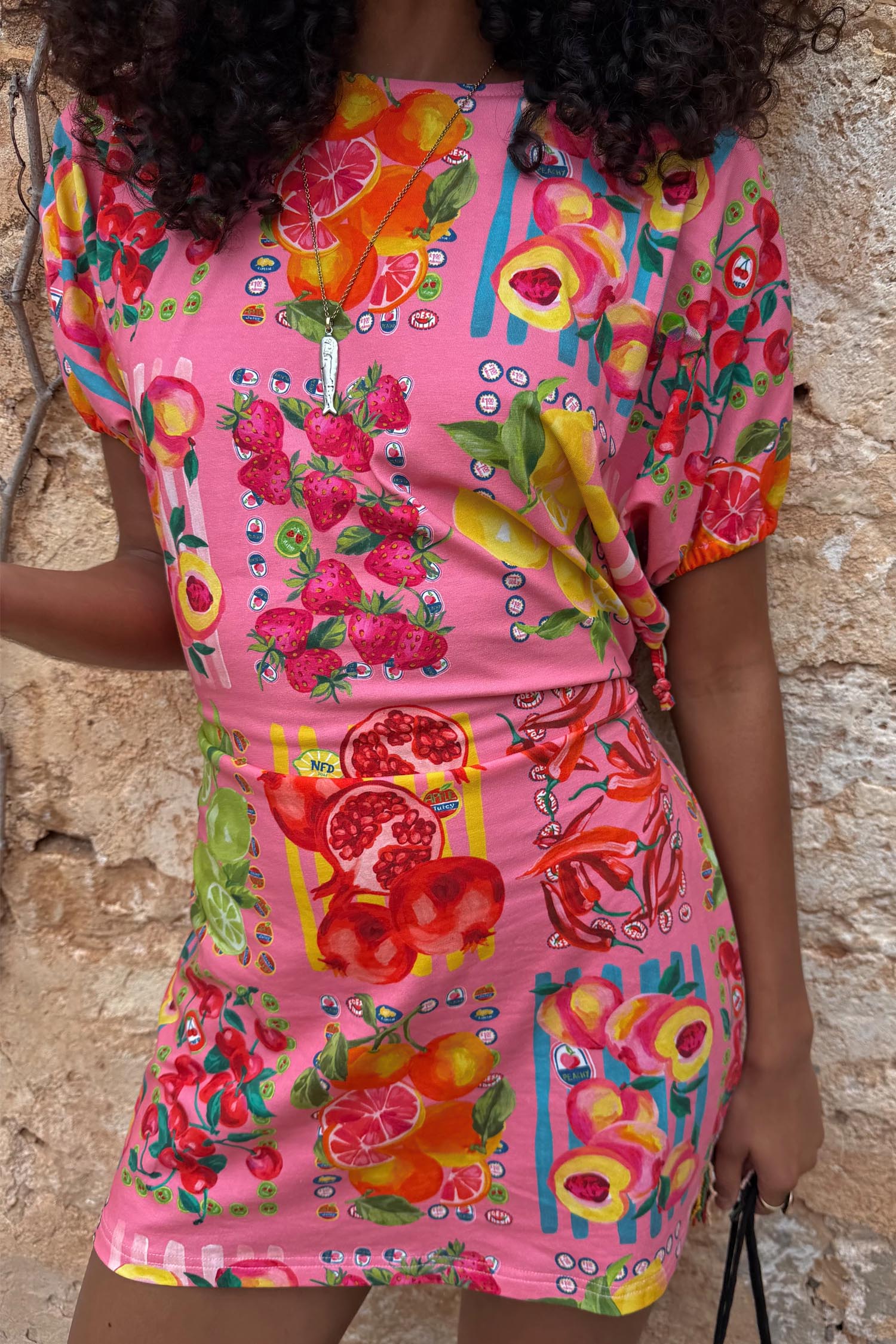 Pink Fruit Stamps Mini Dress