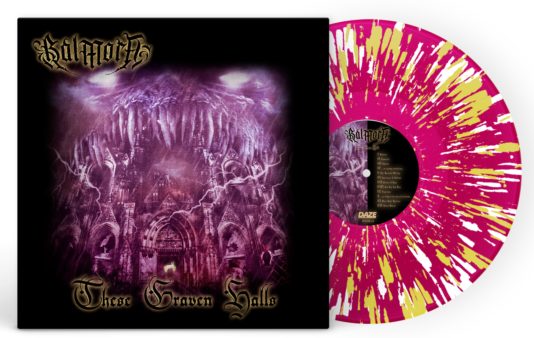 BALMORA ‘THESE GRAVEN HALLS’ LP (Exclusive – Limited to 150, Clear Purple w/ Yellow & White Splatter Vinyl)