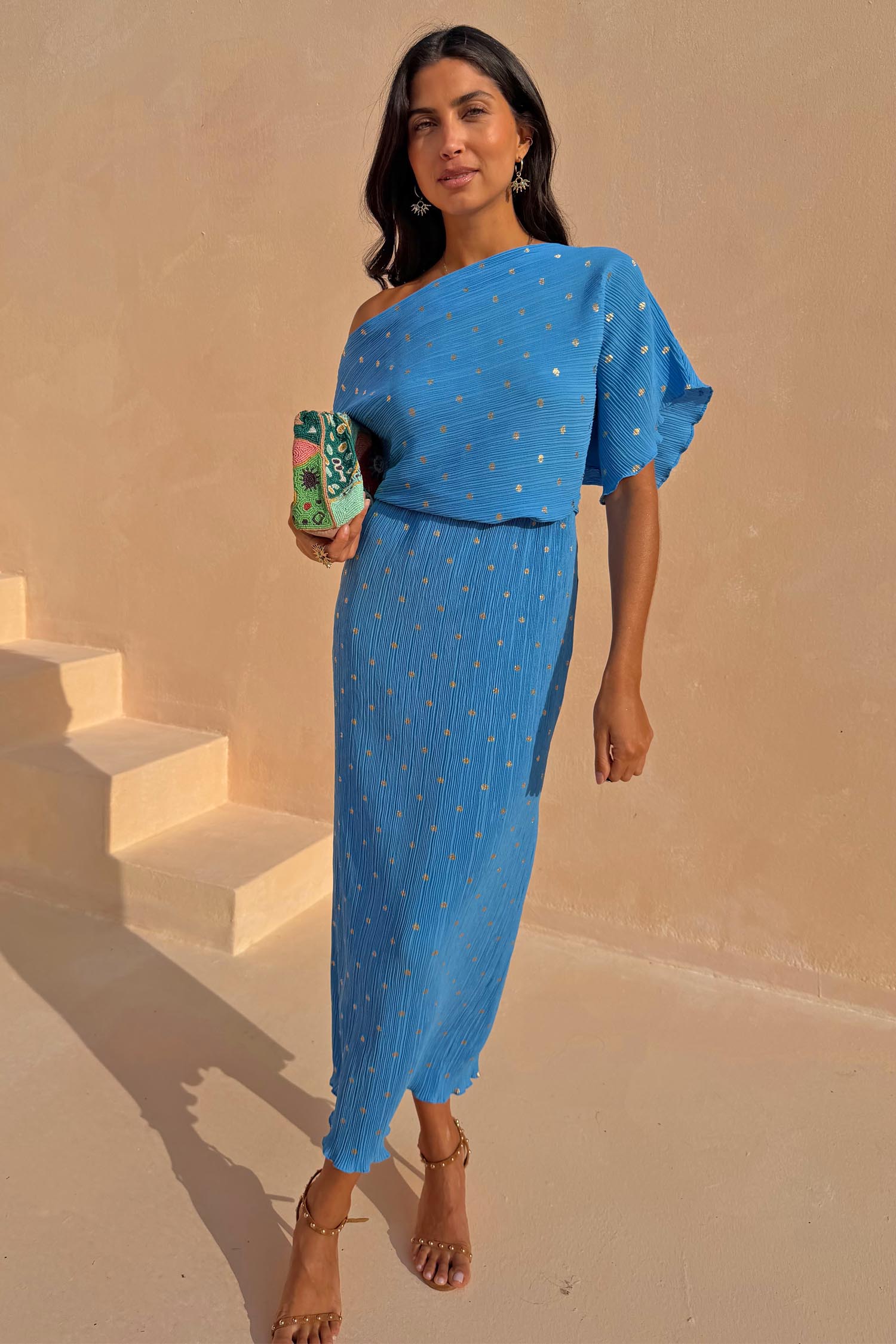 Blue Plisse Tilly Dress with Gold Fleck
