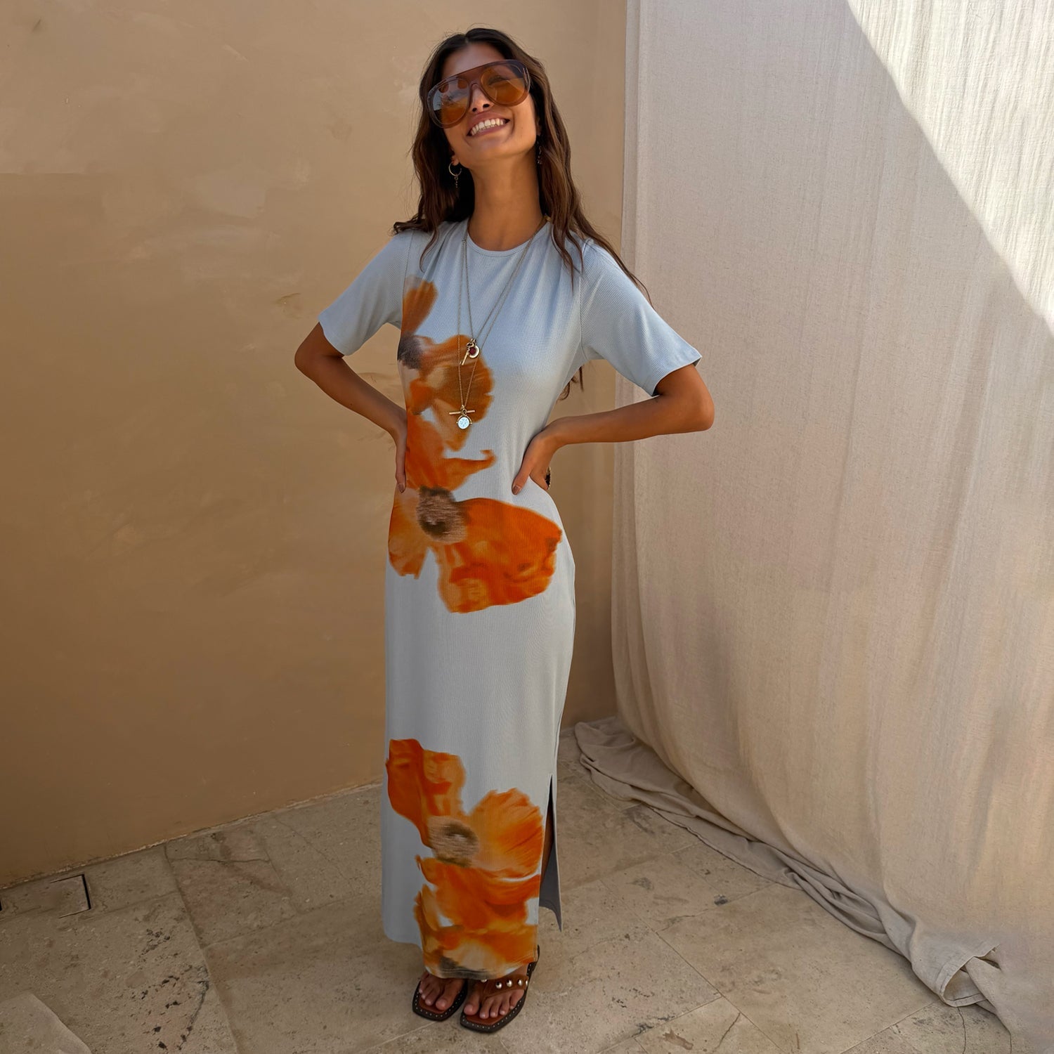Ice Blue Floral Rib Dress