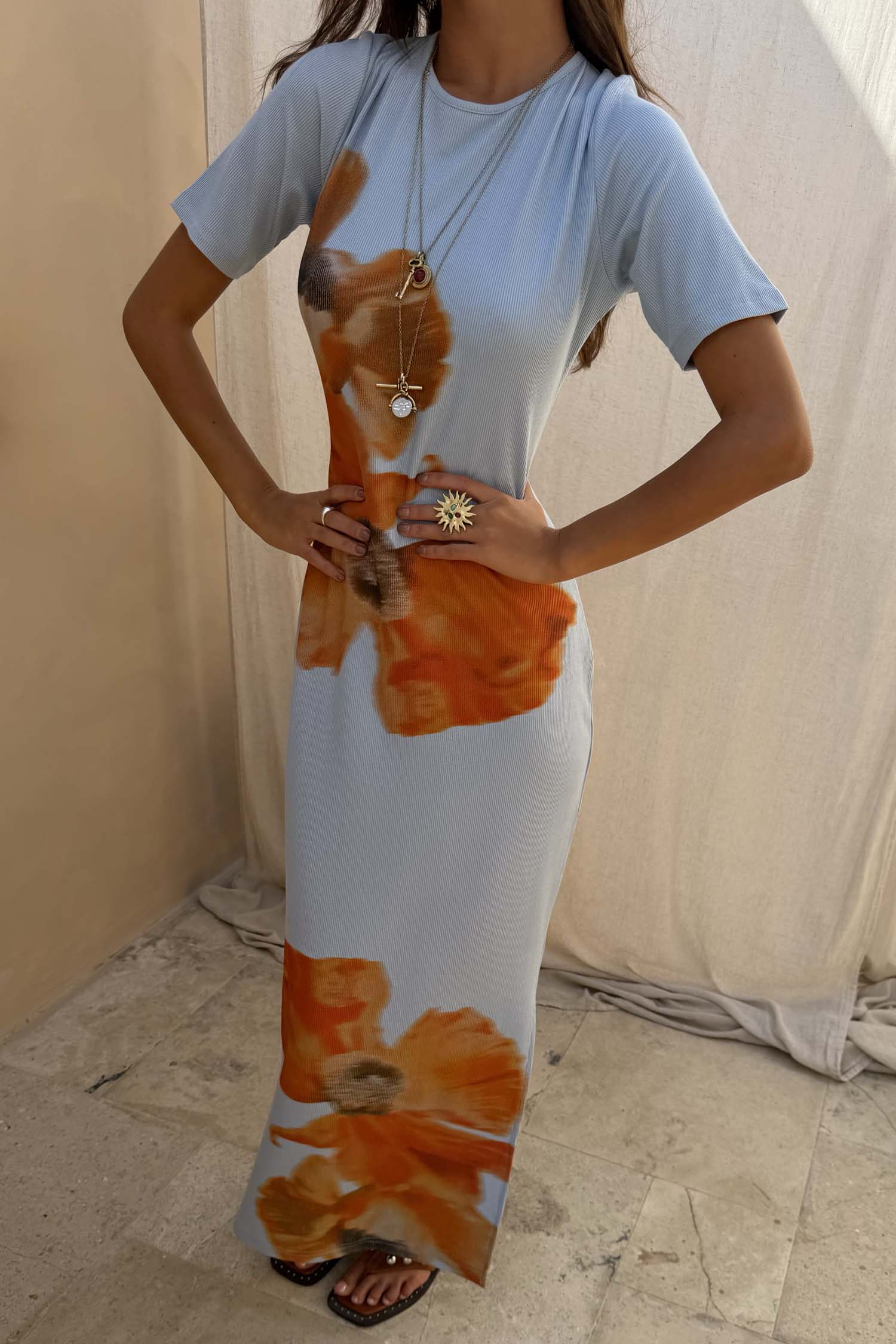 Ice Blue Floral Rib Dress