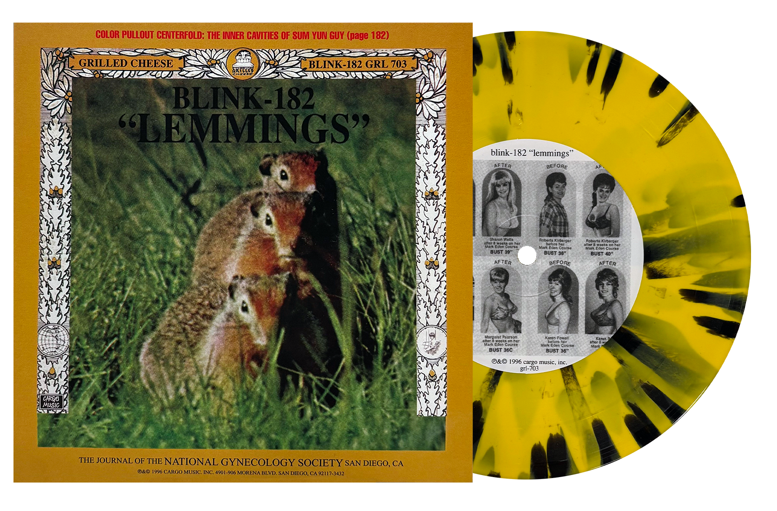 BLINK-182/SWINDLE ‘LEMMINGS SPLIT’ 7” (Exclusive – Limited to 300, Mustard w/ Black Splatter Vinyl)