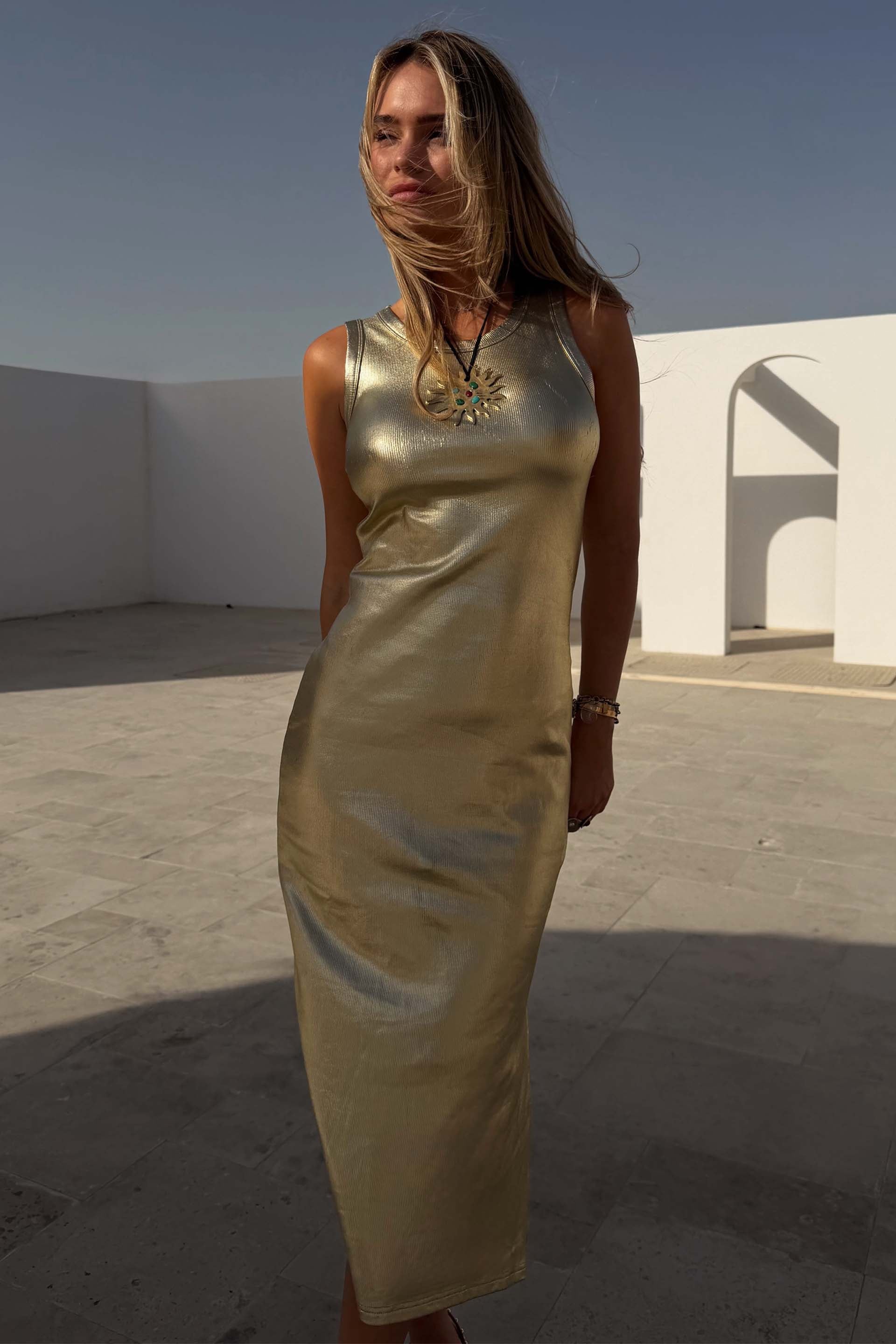 Gold Metallic Ribbed Dress