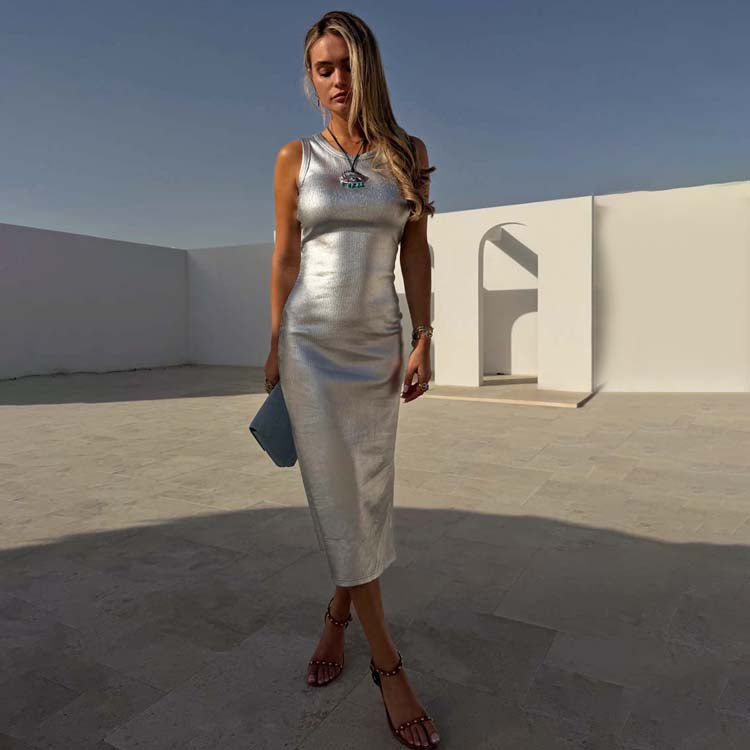 Silver Metallic Ribbed Dress