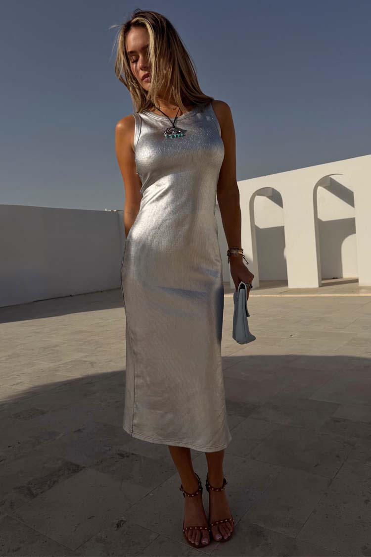 Silver Metallic Ribbed Dress